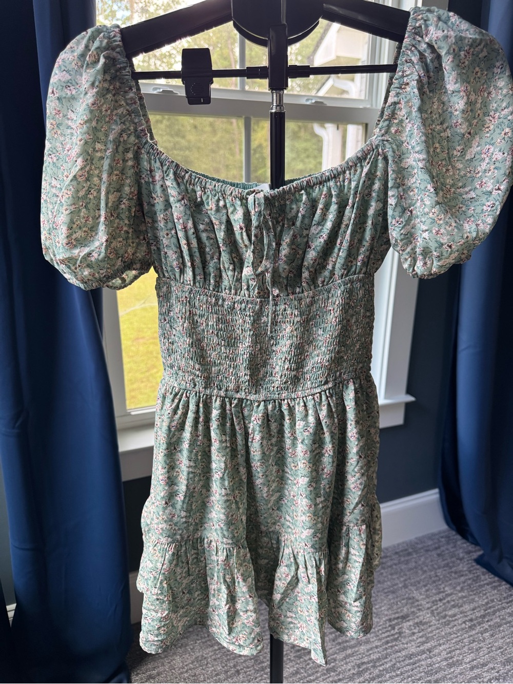 Mabel Teal Floral Smocked Peasant Mini Dress Size Small